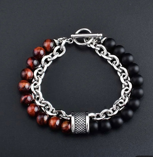 Cuban Steel Link and Beads Bracelet - Dark Brown