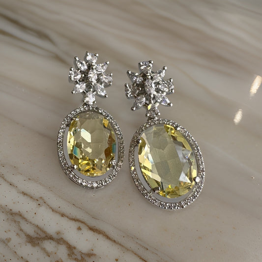 Divine Stone Drop CZ Earrings -  Pale Yellow