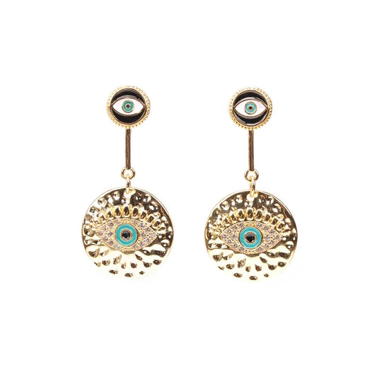 Duo Evil Eye Hammered Dangler Earrings