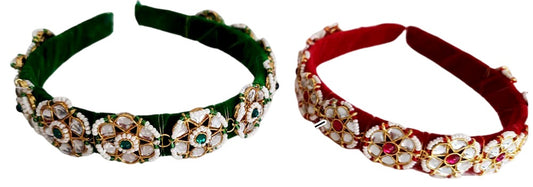 Phool Kundan Hair Band Hair Accessory - Red/Green