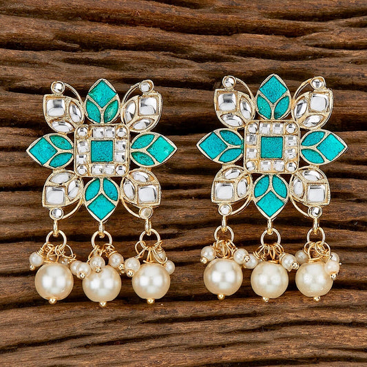 Firoza Stone Inlay & Pearl Drop Stud CZ Earrings