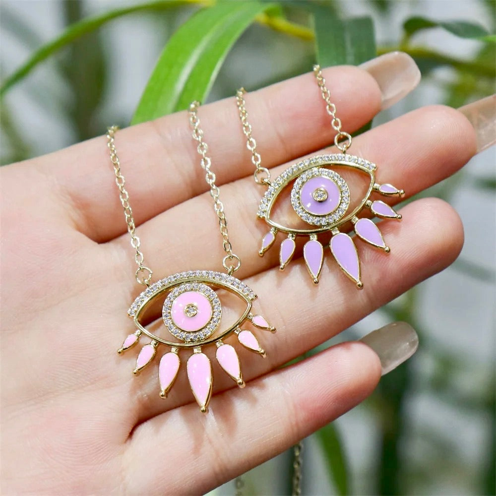 Petra Pink Evil Eye Enamel And Stone Pendant Chain Necklace