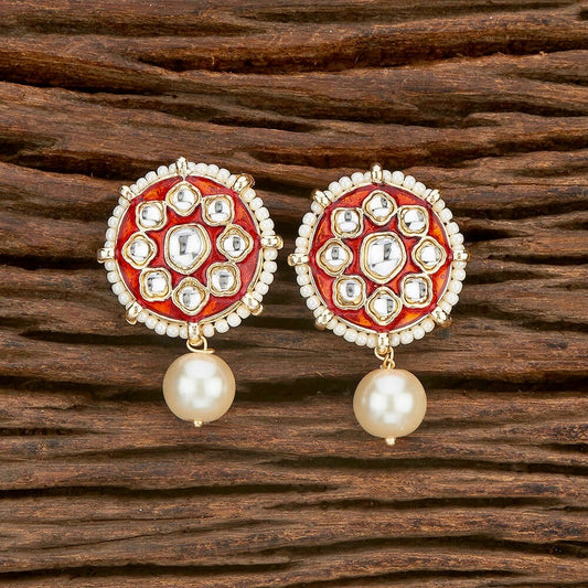 Chakra Enamel, Kundan & Pearl Drop Earrings -  Red