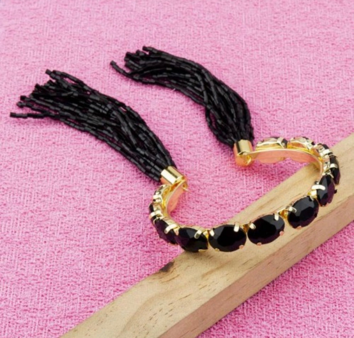 Crystal Stone Tassel Bracelet Black Oval