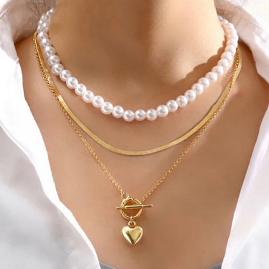 Vintage Heart Link and Pearl Layered Necklace