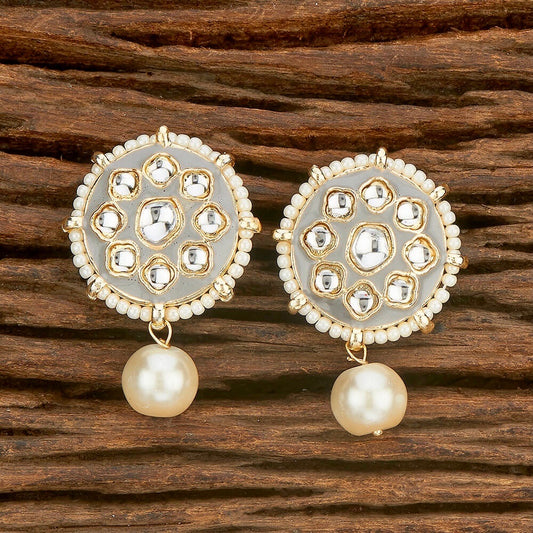 Chakra Enamel, Kundan & Pearl Drop Earrings - Grey