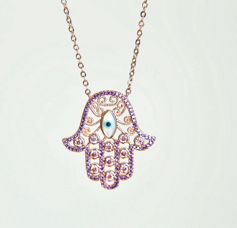 Paved Hamsa Hand Evil Eye Necklace - Purple