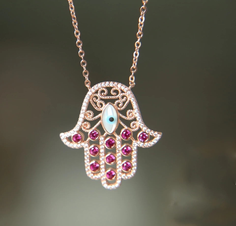 Paved Hamsa Hand Evil Eye Necklace - White