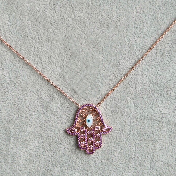 Paved Hamsa Hand Evil Eye Necklace - Purple