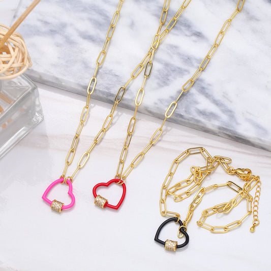 Amore Enamel Heart Link Chain Pendant Necklace