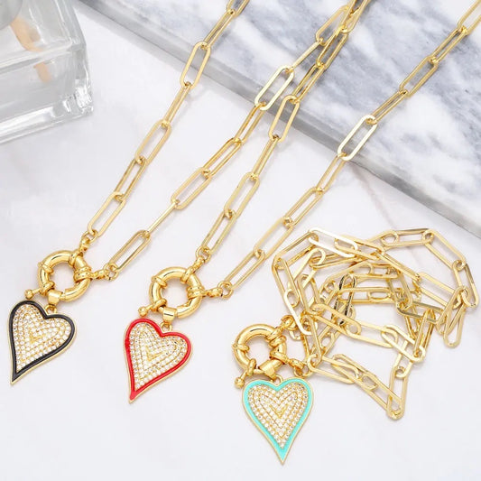 Enamel Heart Of Stone Link Chain Pendant Necklace