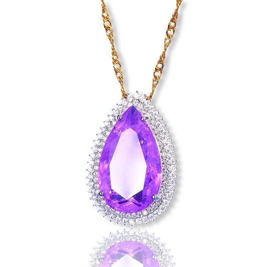 Tear Drop Purple Sapphire & Cubic Zircon Pendant Chain Necklace